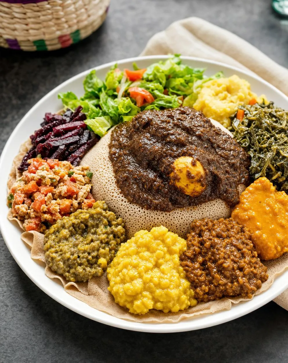 A full Ethiopian combination platter on injera, ready for sharing