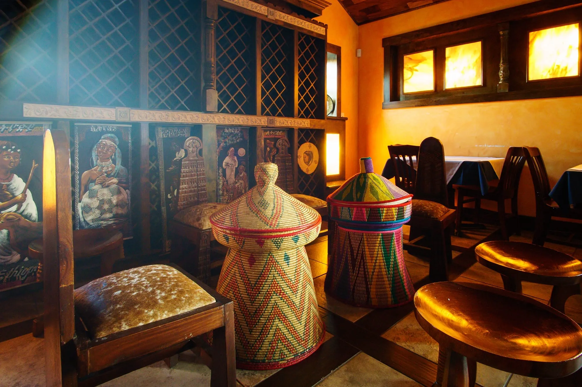 Traditional Ethiopian artwork and woven mesob baskets inside Blue Nile