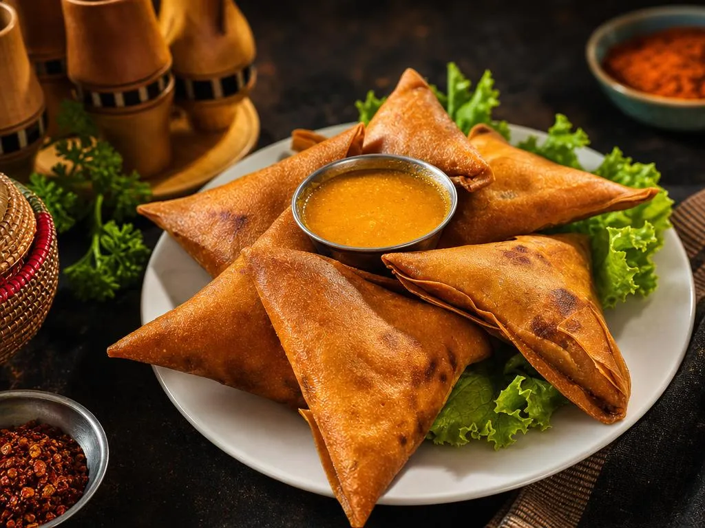 Freshly fried sambusas with dipping sauce